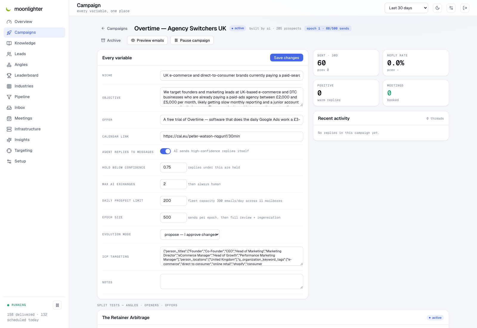 Campaign detail: every variable editable, split tests, preview and launch